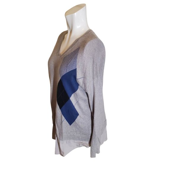 Peace of Cloth Argyle Sweater Cotton Cashmere Layered V neck Sweater Gray Sz M - Picture 2 of 5